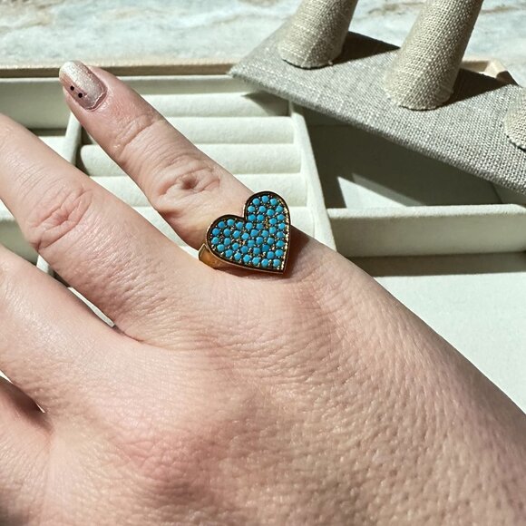 Heart-Shaped Gold-tone Ring Size 6 1/4 Flirt By Park Lane Jewelry Turquoise Blue - Picture 10 of 10